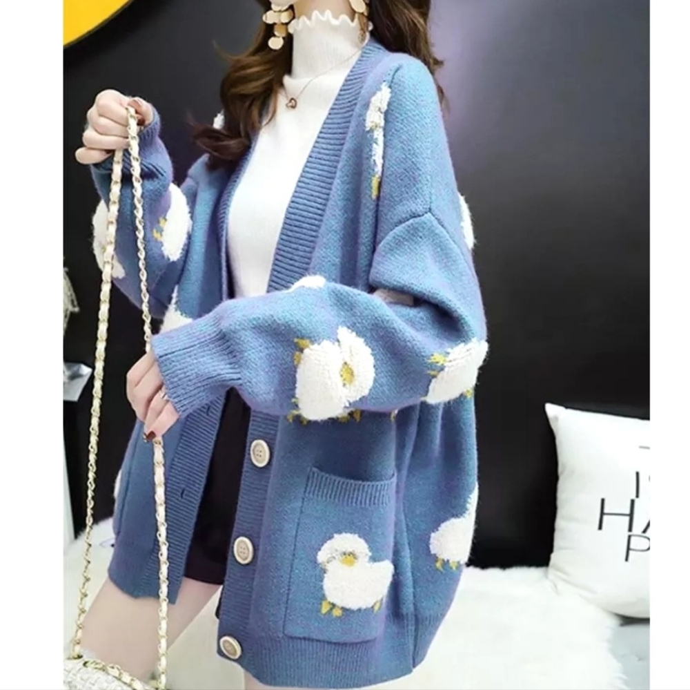 Baby Blue Chunky Knit Sweater Cardigan White Sheep Size XS-M